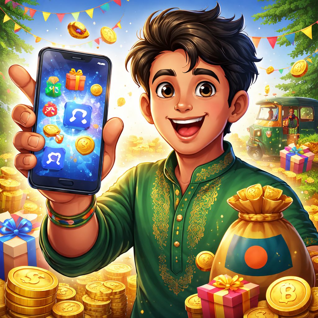 EK9999 cartoon character using a smartphone with app icons and rewards