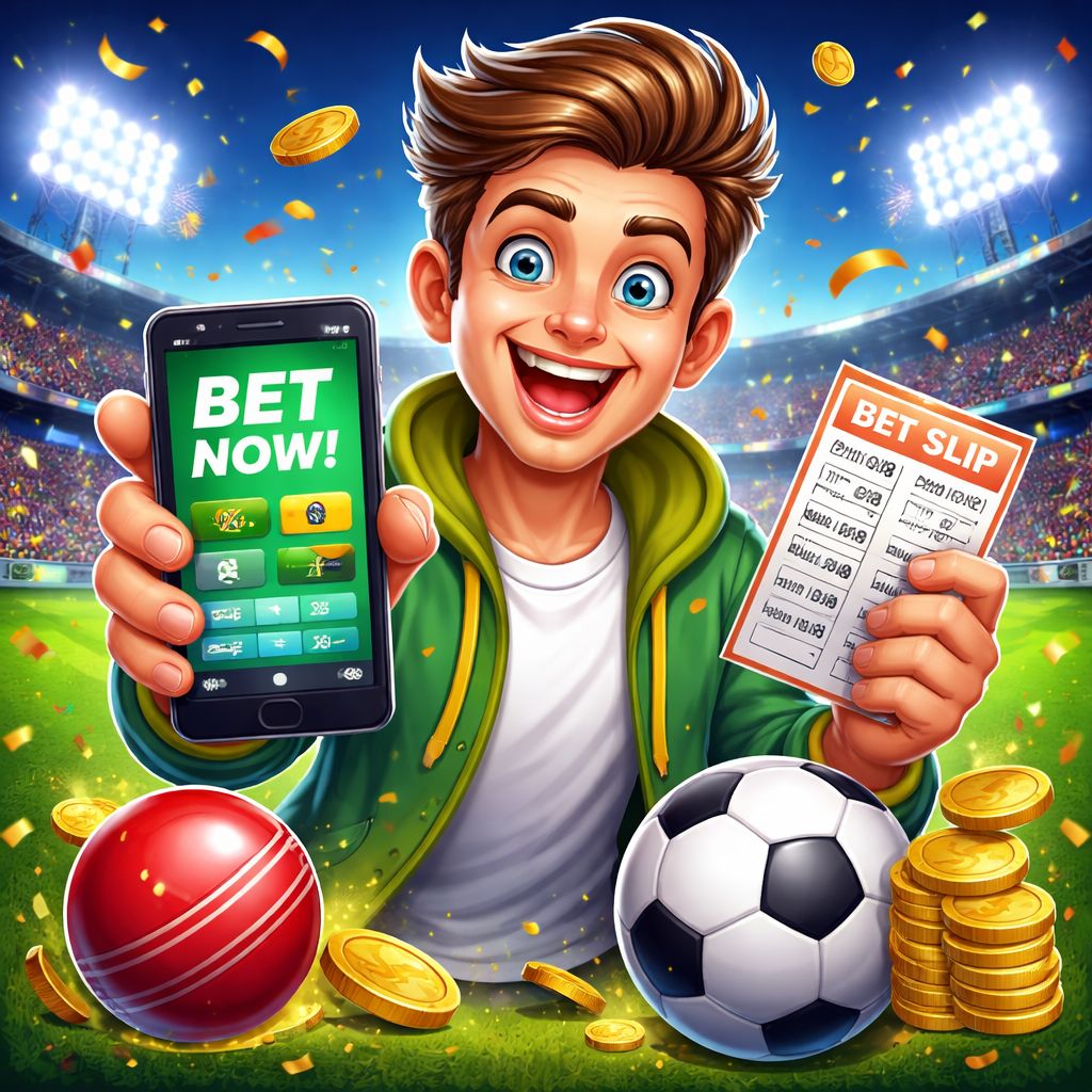 EK9999 Bet cartoon sports character with betting slip, football, cricket gear, and coins