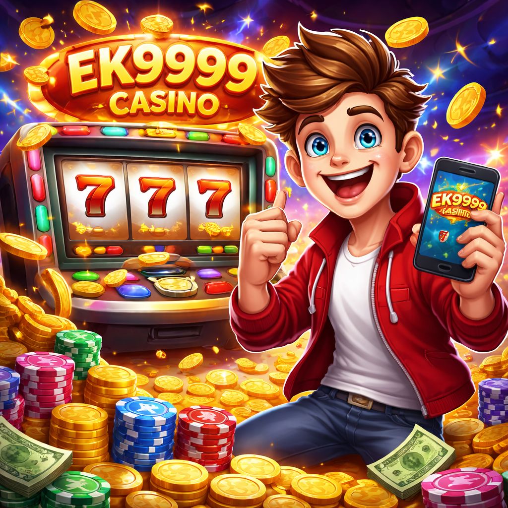 EK9999 Casino cartoon characters with coins and casino elements
