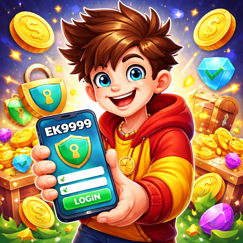 EK9999 cartoon login character with smartphone, shield, and coins